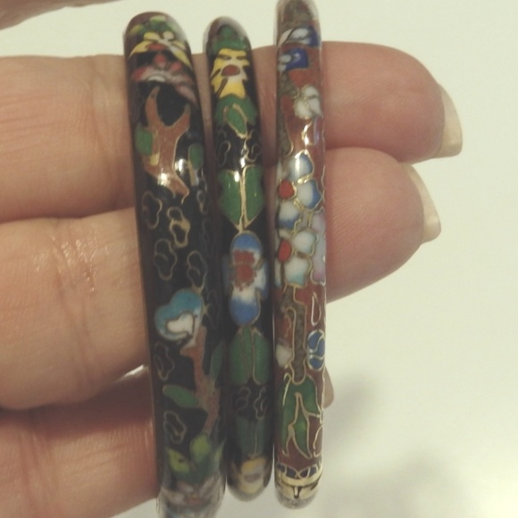 3 Vintage CLOISONNE Bangle Bracelets black & rust - Picture 3 of 3